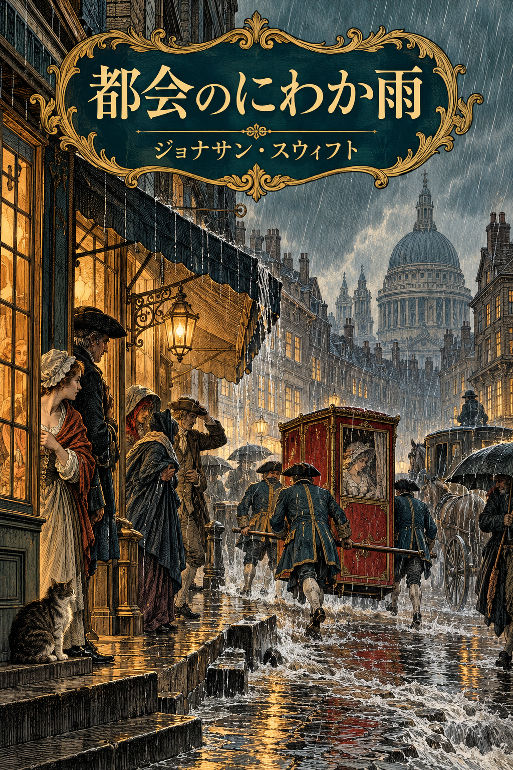 『都会のにわか雨』の装画。雨のロンドンで軒下に集まる人々と駕籠。