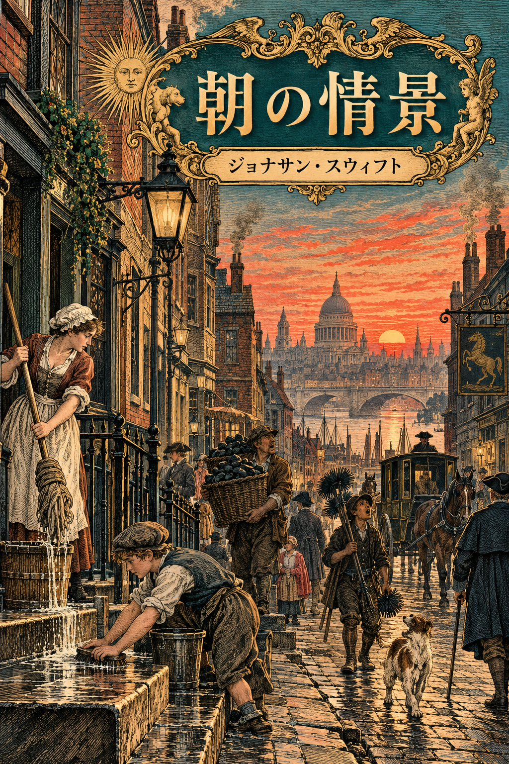 『朝の情景』の装画。夜明けのロンドンで働く人々。