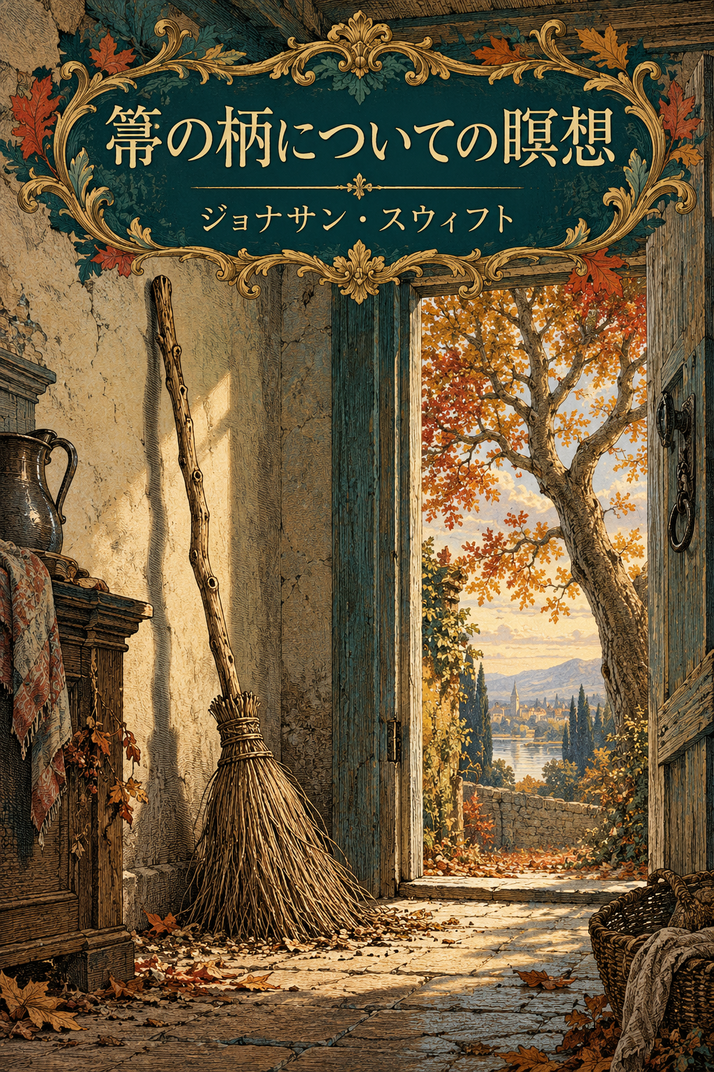 『箒の柄についての瞑想』の装画。古い箒と戸外の生きた木。