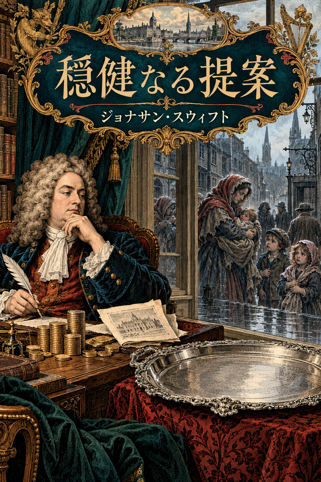 『穏健なる提案』の装画。計算机の論者と窓の外の貧しい親子。