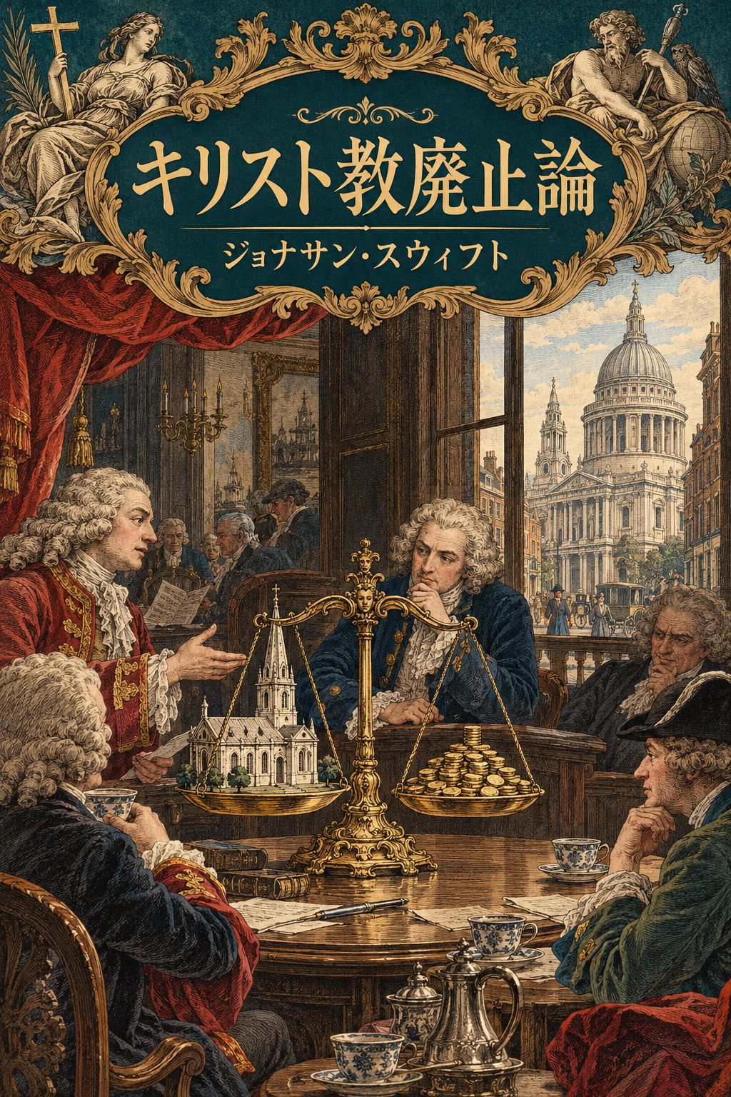 『キリスト教廃止論』の装画。教会と貨幣を秤にかけて議論する人々。