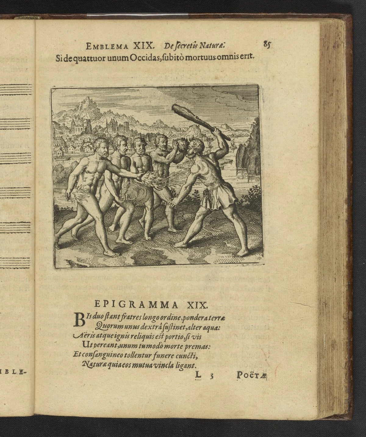 四つのうち一つを殺せば、たちまちすべてが死ぬ。 1618年刊本の銅版画とラテン語短詩