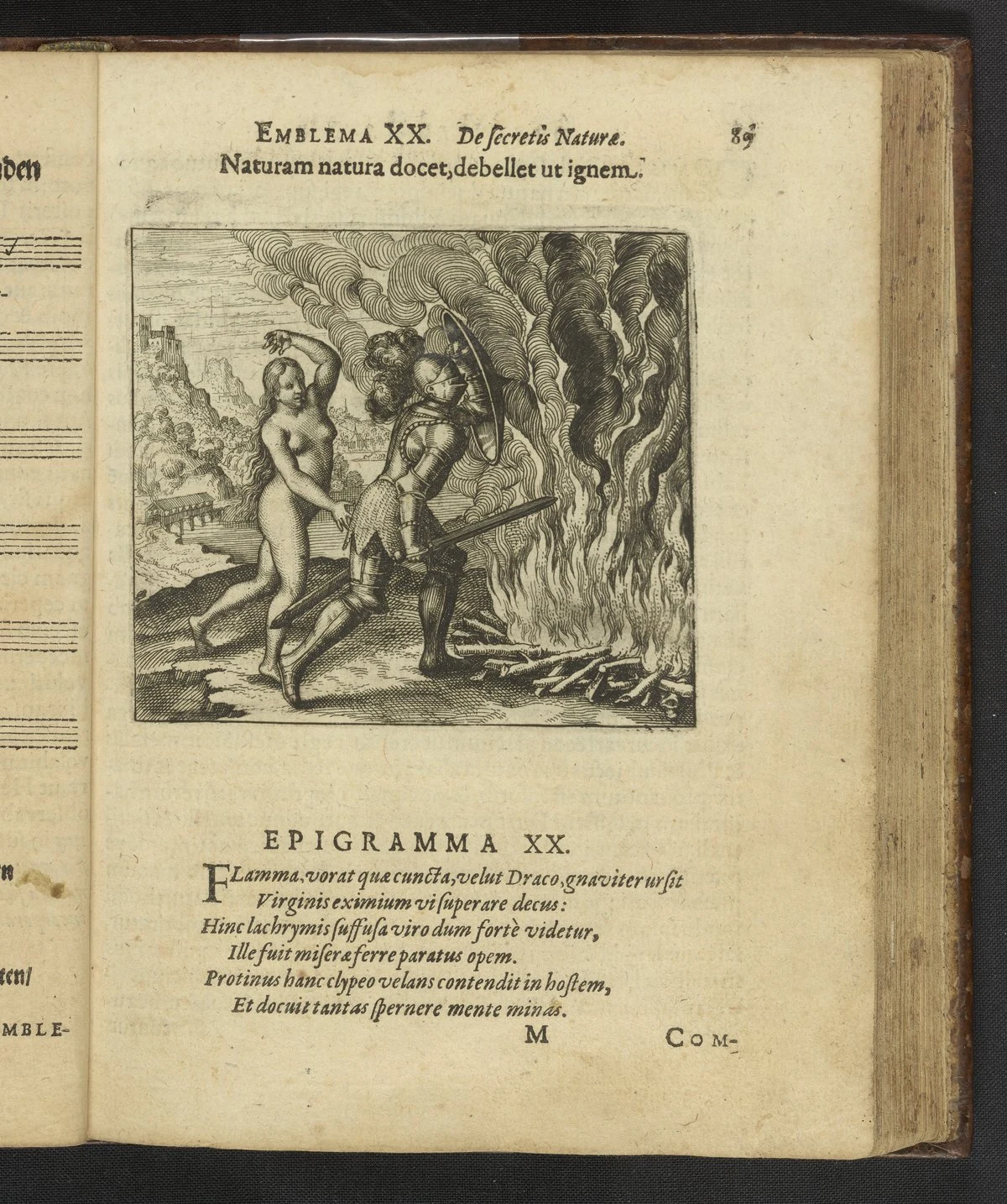 自然は自然に、火を征服するよう教える。 1618年刊本の銅版画とラテン語短詩