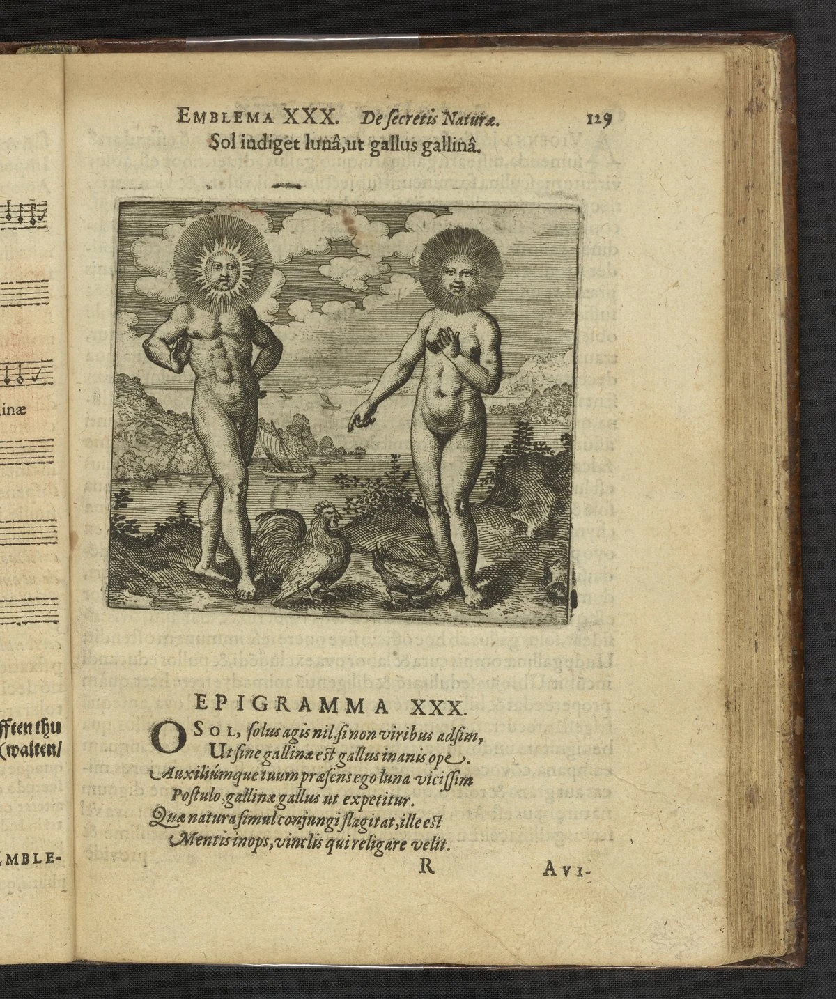 雄鶏が雌鶏を必要とするように、太陽は月を必要とする。 1618年刊本の銅版画とラテン語短詩