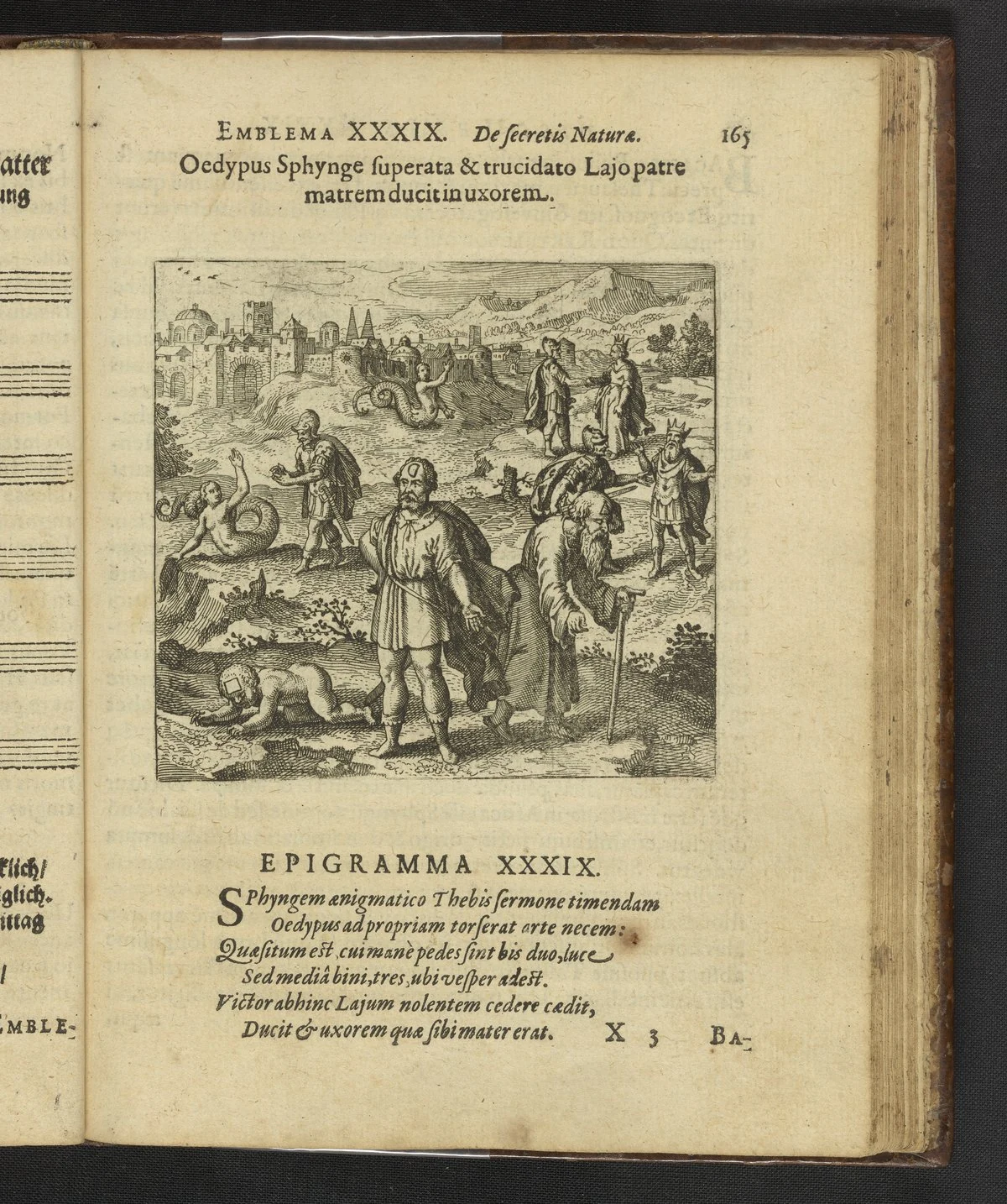 オイディプスはスフィンクスを破り、父ライオスを殺した後、母を妻にする 1618年刊本の銅版画とラテン語短詩