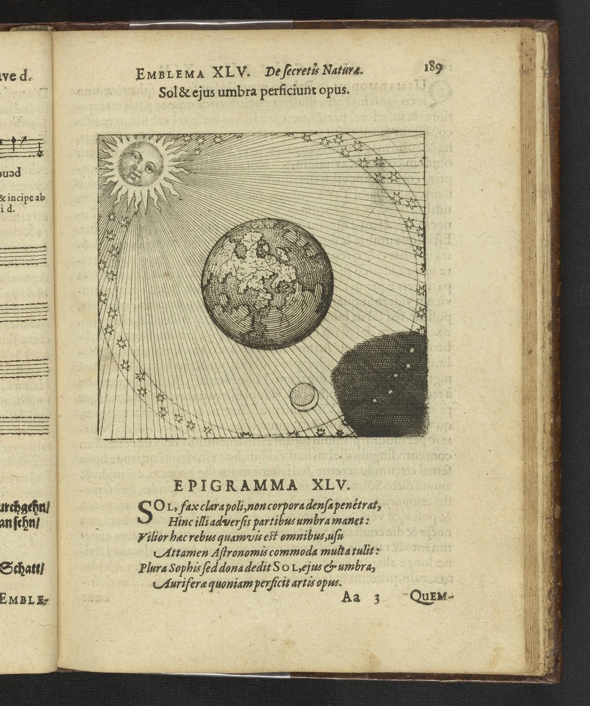 太陽とその影が業を完成させる。 1618年刊本の銅版画とラテン語短詩