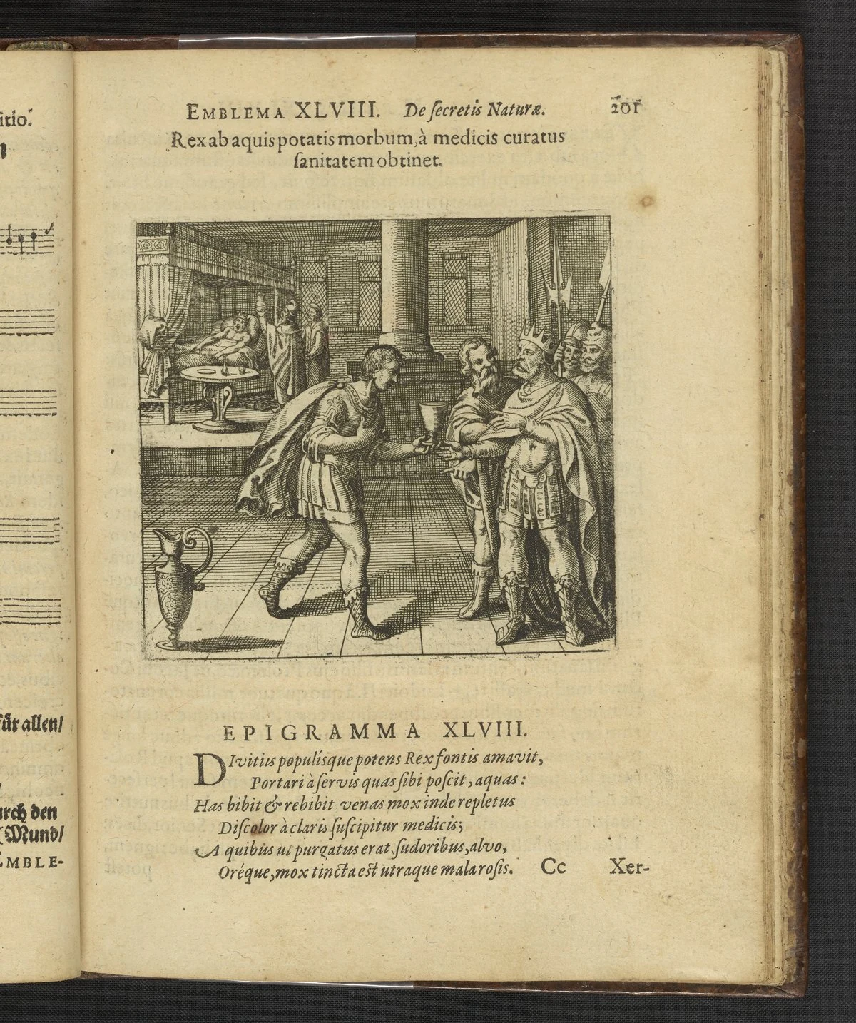 王は飲んだ水から病を得、医師に治療されて健康を得る。 1618年刊本の銅版画とラテン語短詩