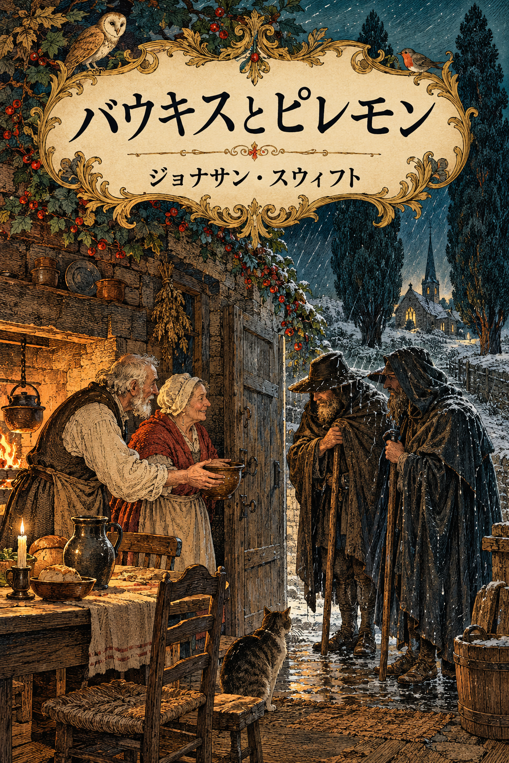 『バウキスとピレモン』の装画。旅人を家に迎える老夫婦。