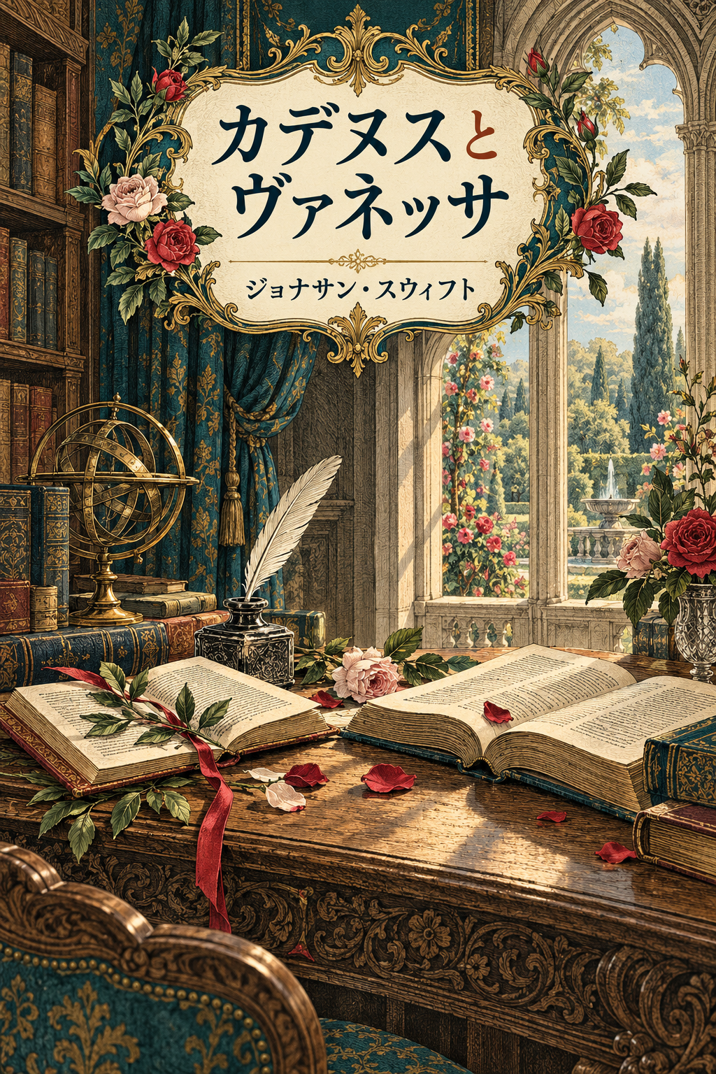 『カデヌスとヴァネッサ』の装画。書斎の二冊の本、羽根ペン、月桂樹と薔薇。