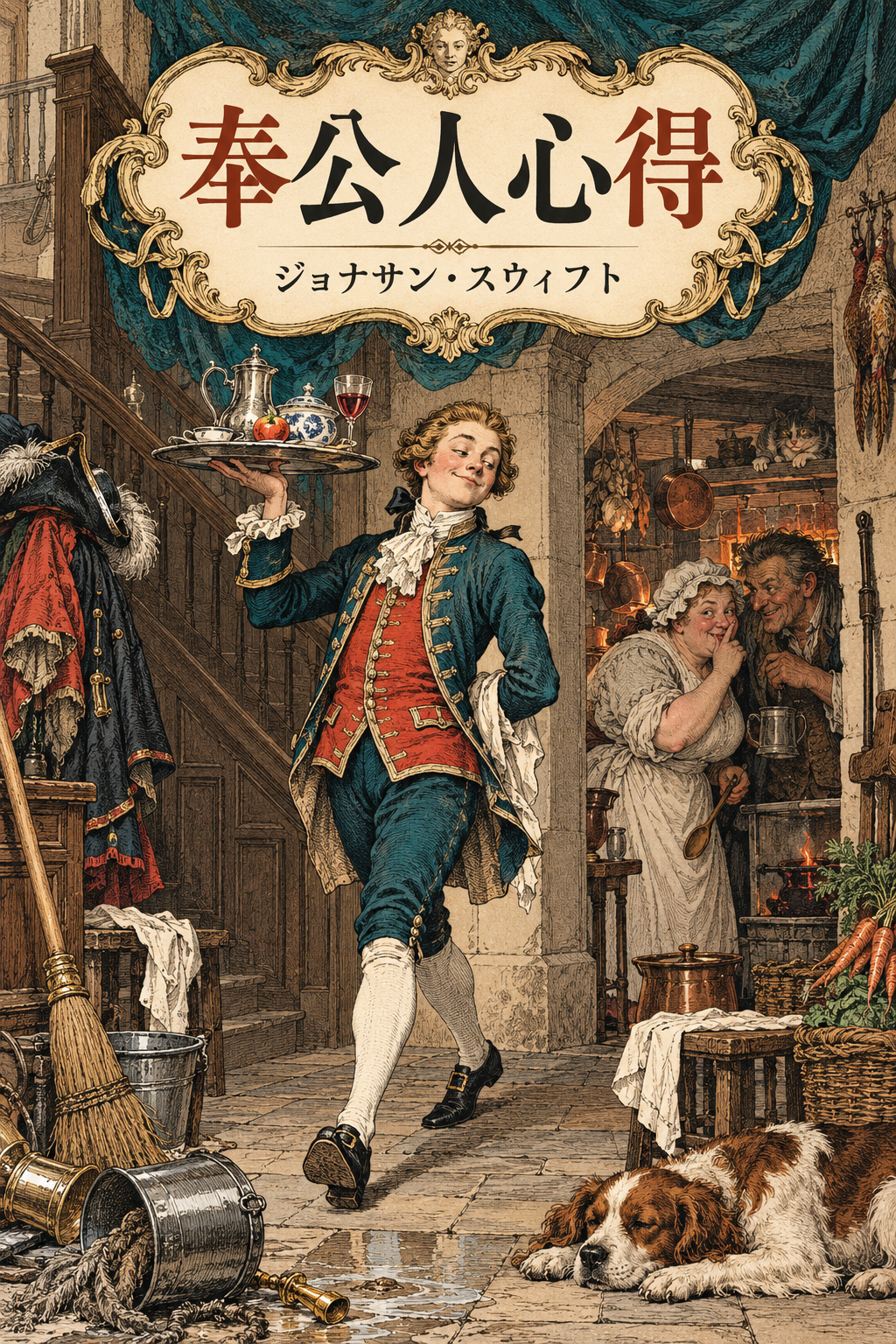 『奉公人心得』の装画。台所で盆を持つ従僕と使用人たち。