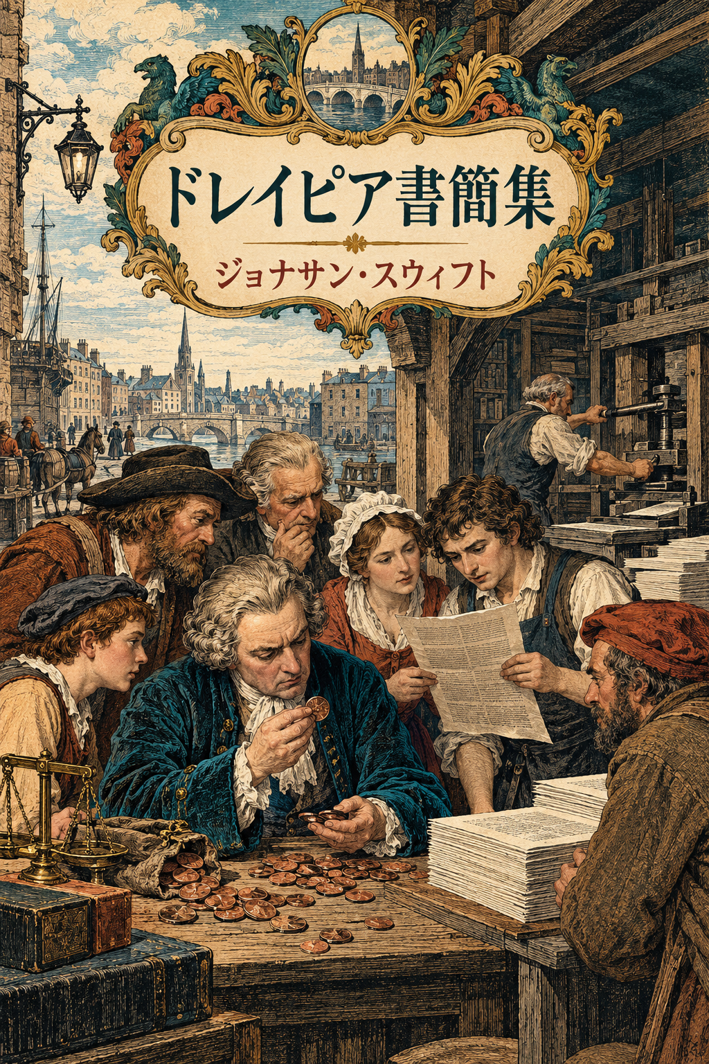 『ドレイピア書簡集』の装画。銅貨を調べる商人と書簡を読む人々。