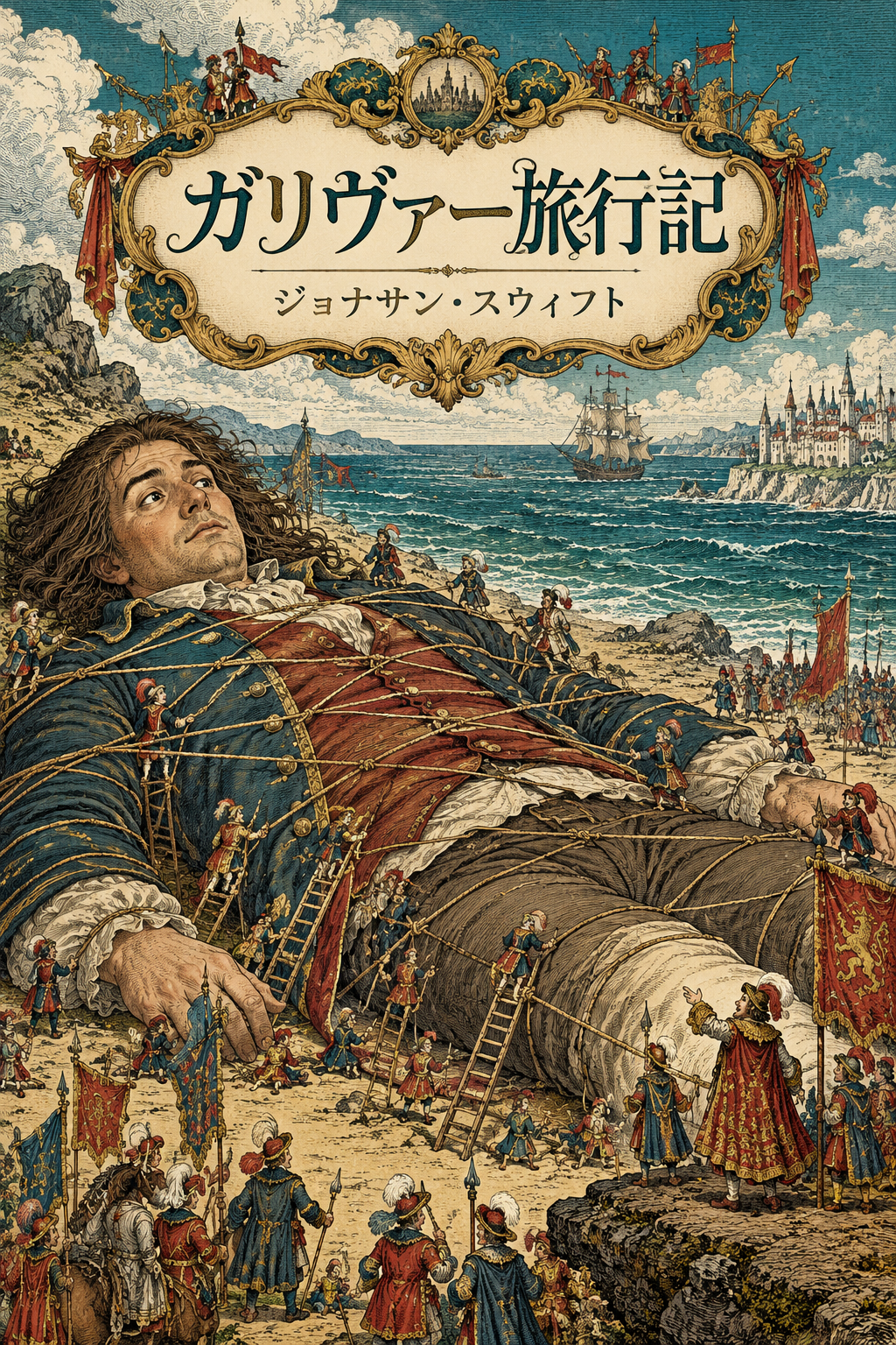 『ガリヴァー旅行記』の装画。海辺で小人たちに囲まれたガリヴァー。