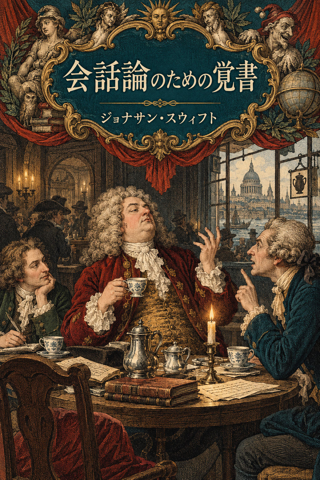 『会話論のための覚書』の装画。珈琲店で話す人々と耳を傾ける人。