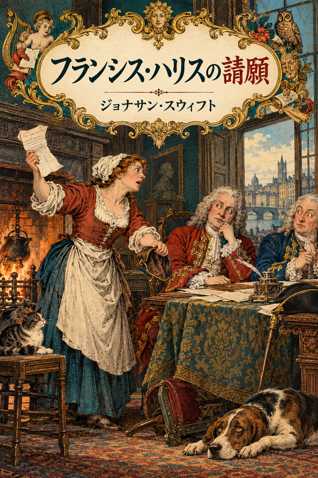 『フランシス・ハリスの請願』の装画。空の財布と請願書を掲げる使用人。