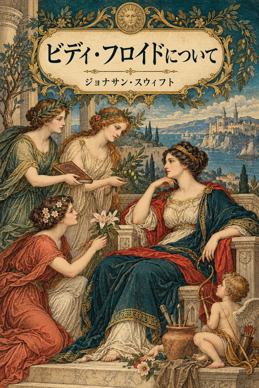 『ビディ・フロイドについて』の装画。書物や花を携えた寓意の人物たち。