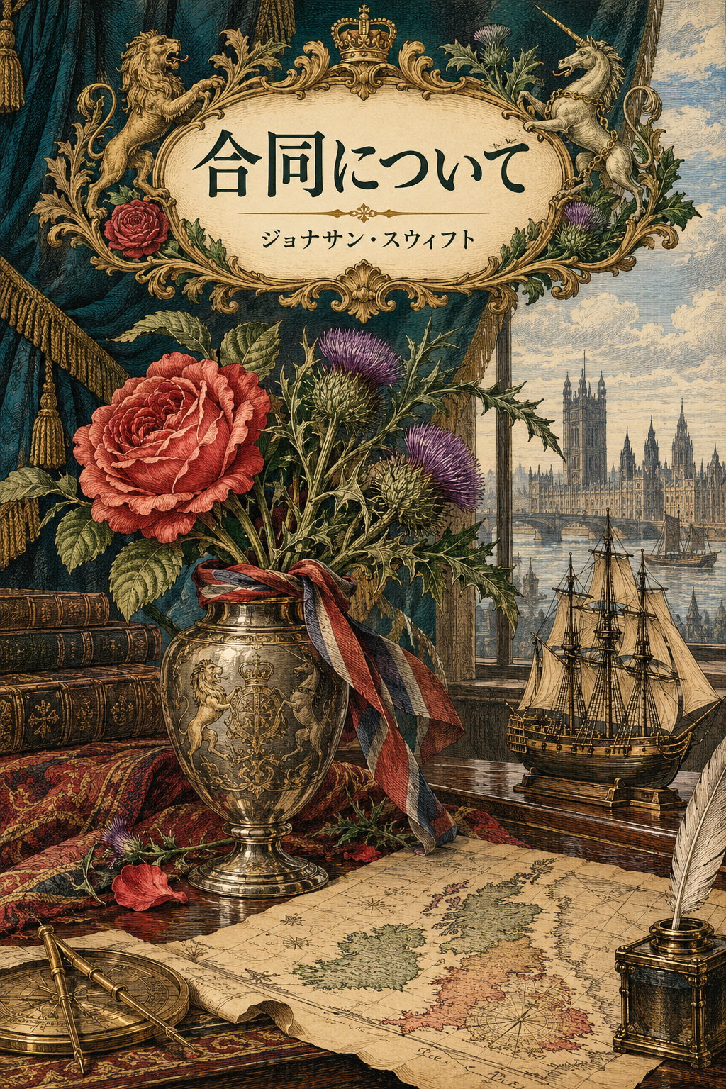 『合同について』の装画。薔薇と薊の花束、船の模型と地図。