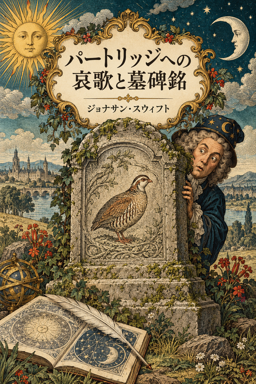 『パートリッジへの哀歌と墓碑銘』の装画。鶉のいる墓碑と顔を出す占星術師。