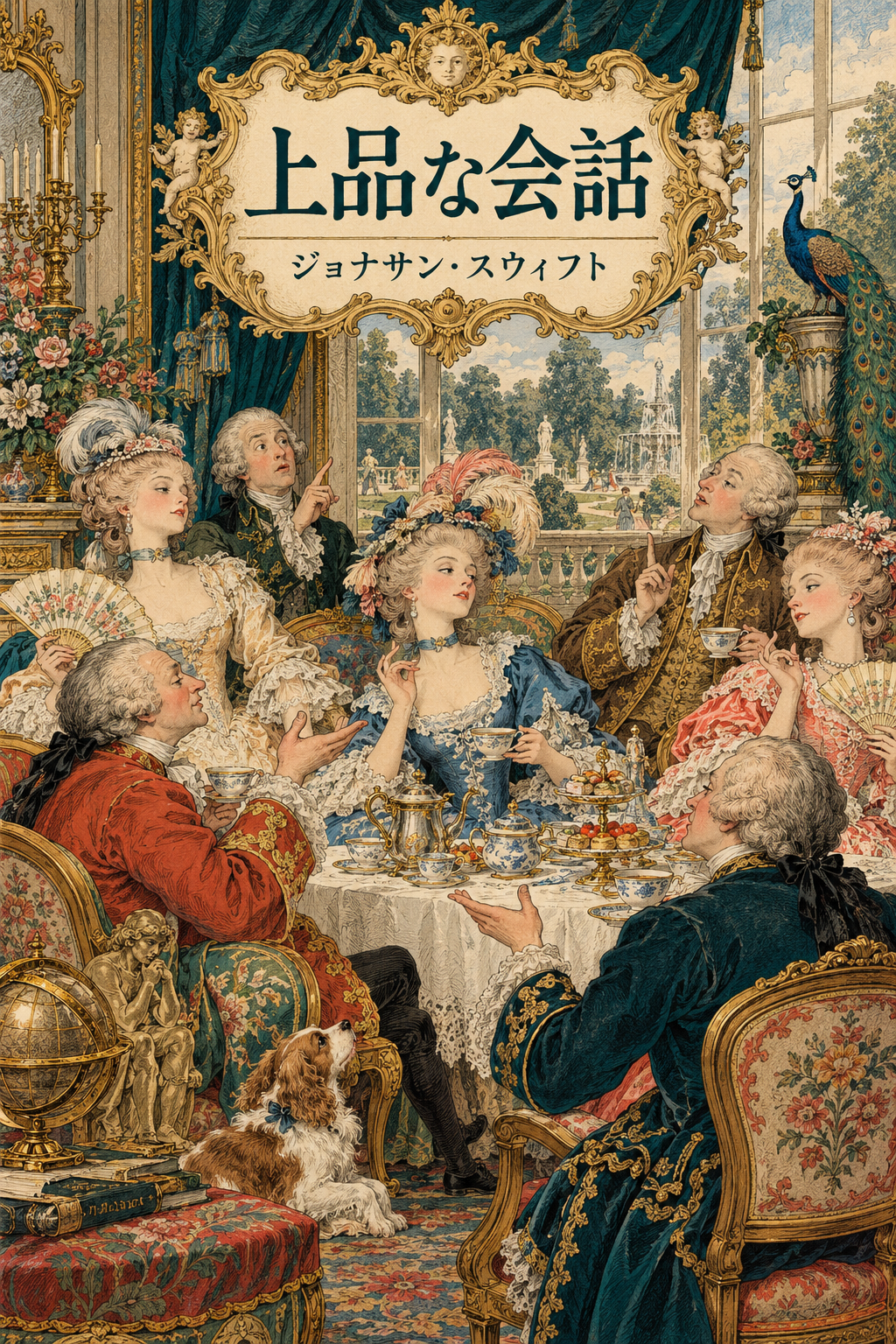 『上品な会話』の装画。茶卓を囲んで話す着飾った人々。