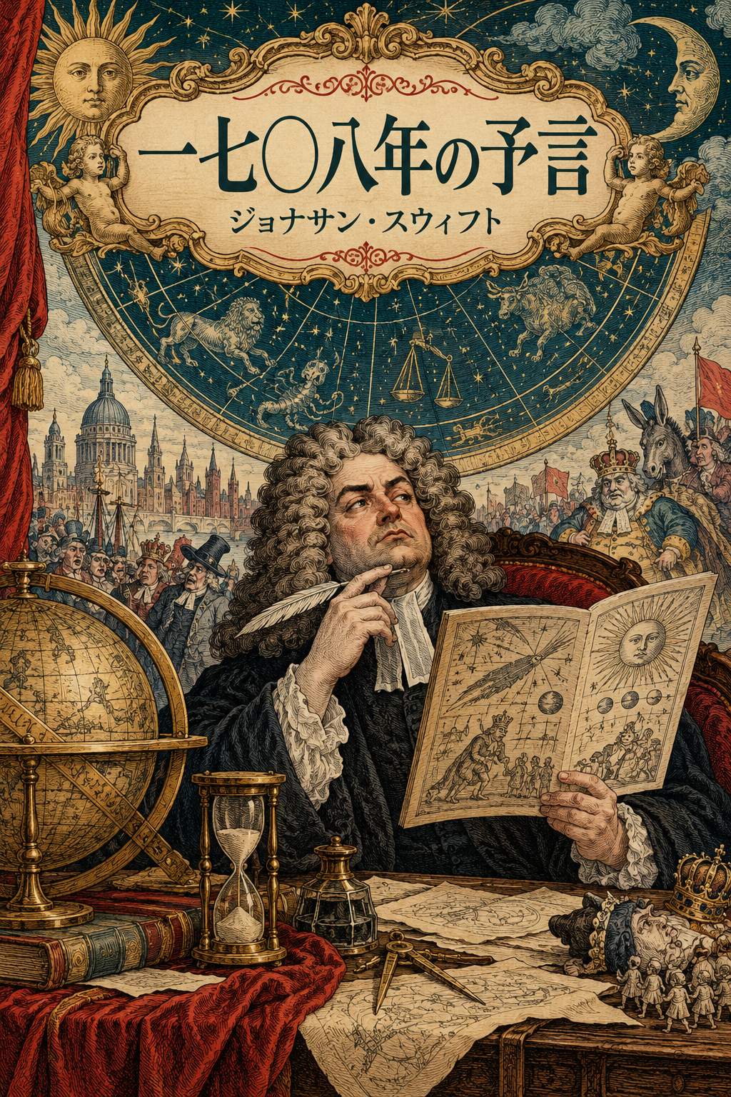 『一七〇八年の予言』の装画。星図、時計、天球儀を調べる占星術師。