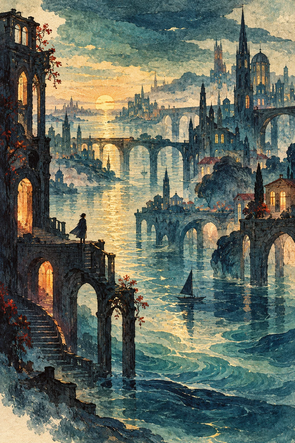 光る窓と幾重もの橋が水面に溶け込む幻想の都市を描いた、『イリュミナシオン』の独自装画