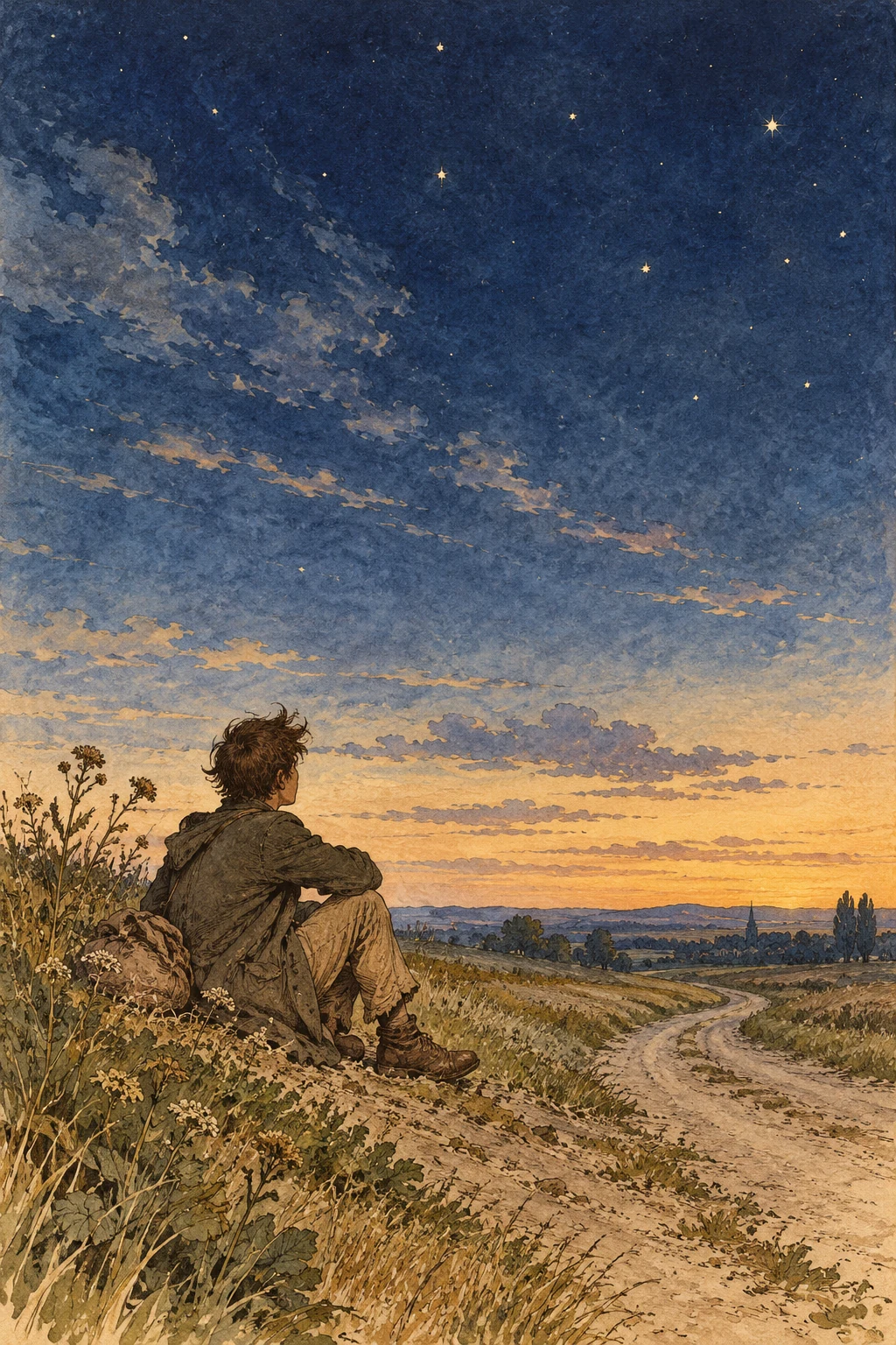 星空の下、田舎道のほとりに座る若い旅人を描いた、『わが放浪』の独自装画