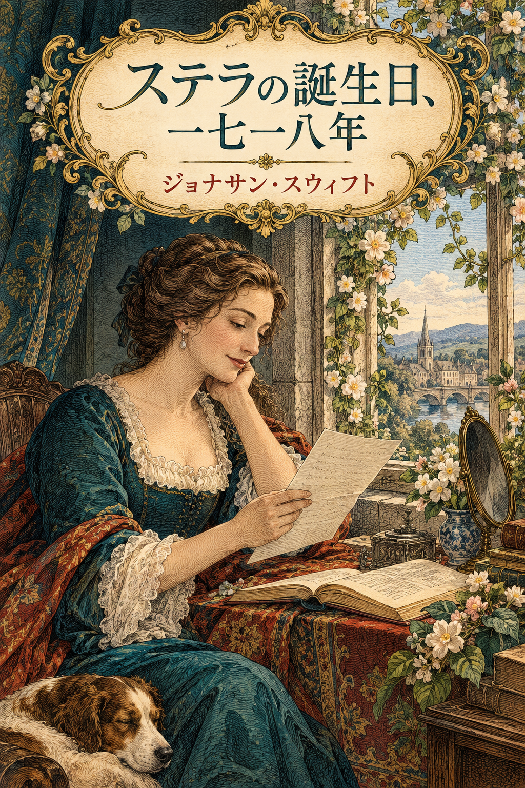 『ステラの誕生日、一七一八年』の装画。窓辺で詩を読むステラ。