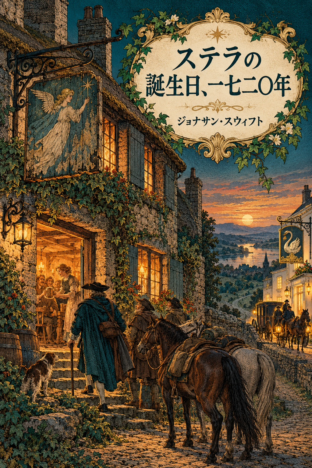 『ステラの誕生日、一七二〇年』の装画。古い天使の看板と新しい看板のある宿。