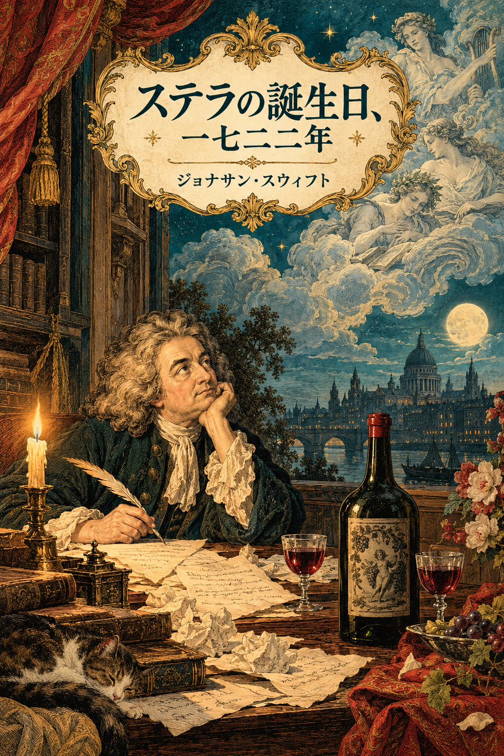 『ステラの誕生日、一七二二年』の装画。誕生日の詩を書く詩人と酒瓶。