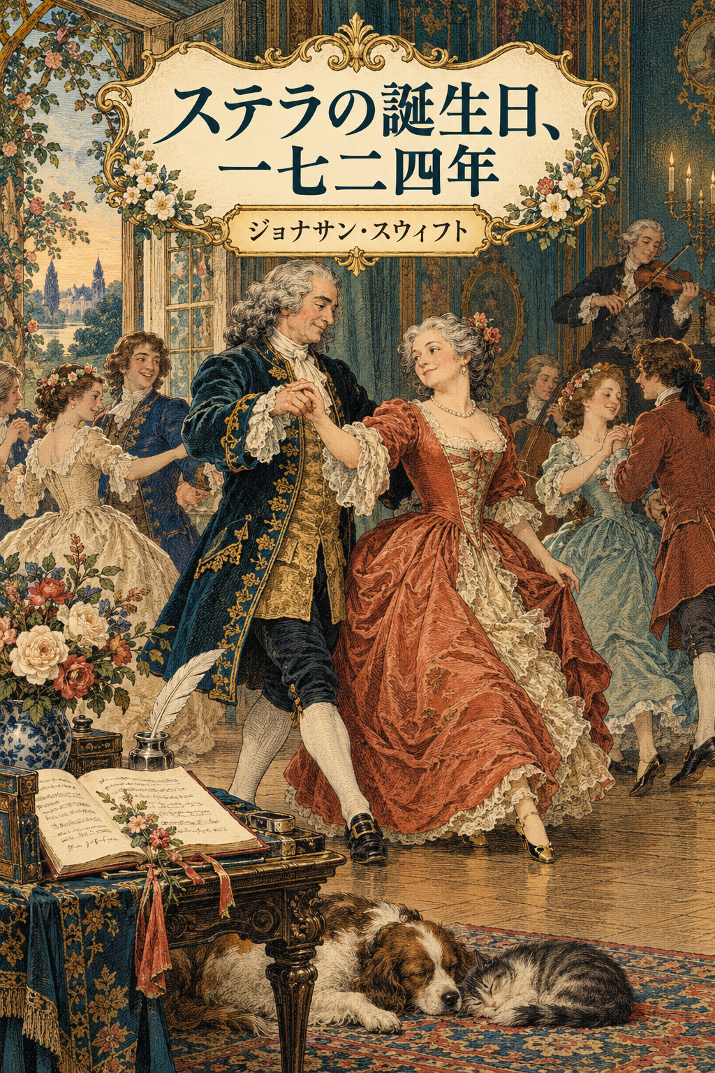 『ステラの誕生日、一七二四年』の装画。室内で踊るステラと詩人。