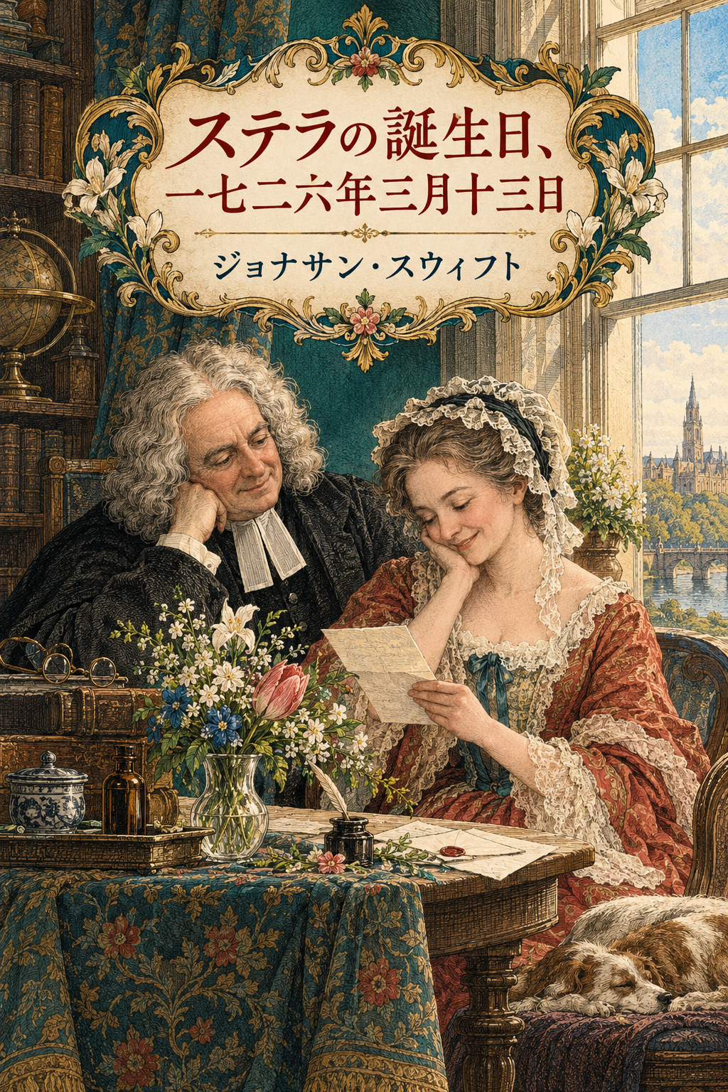 『ステラの誕生日、一七二六年三月十三日』の装画。明るい窓辺で誕生日を祝うステラと老詩人。