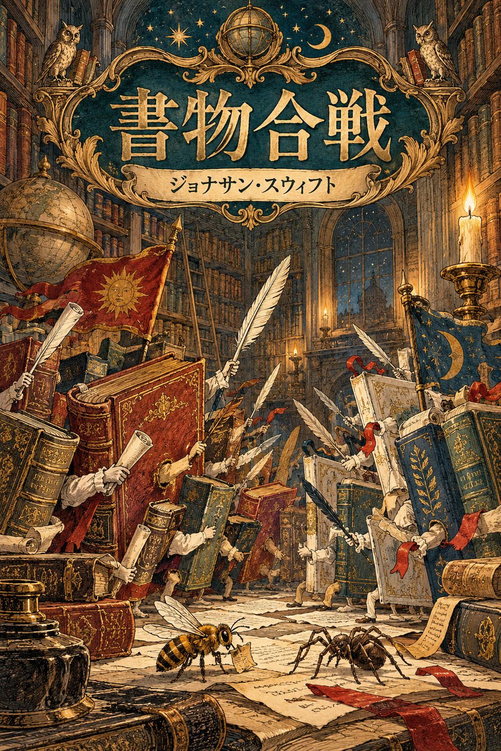 『書物合戦』の装画。図書館で戦う書物と蜂と蜘蛛。