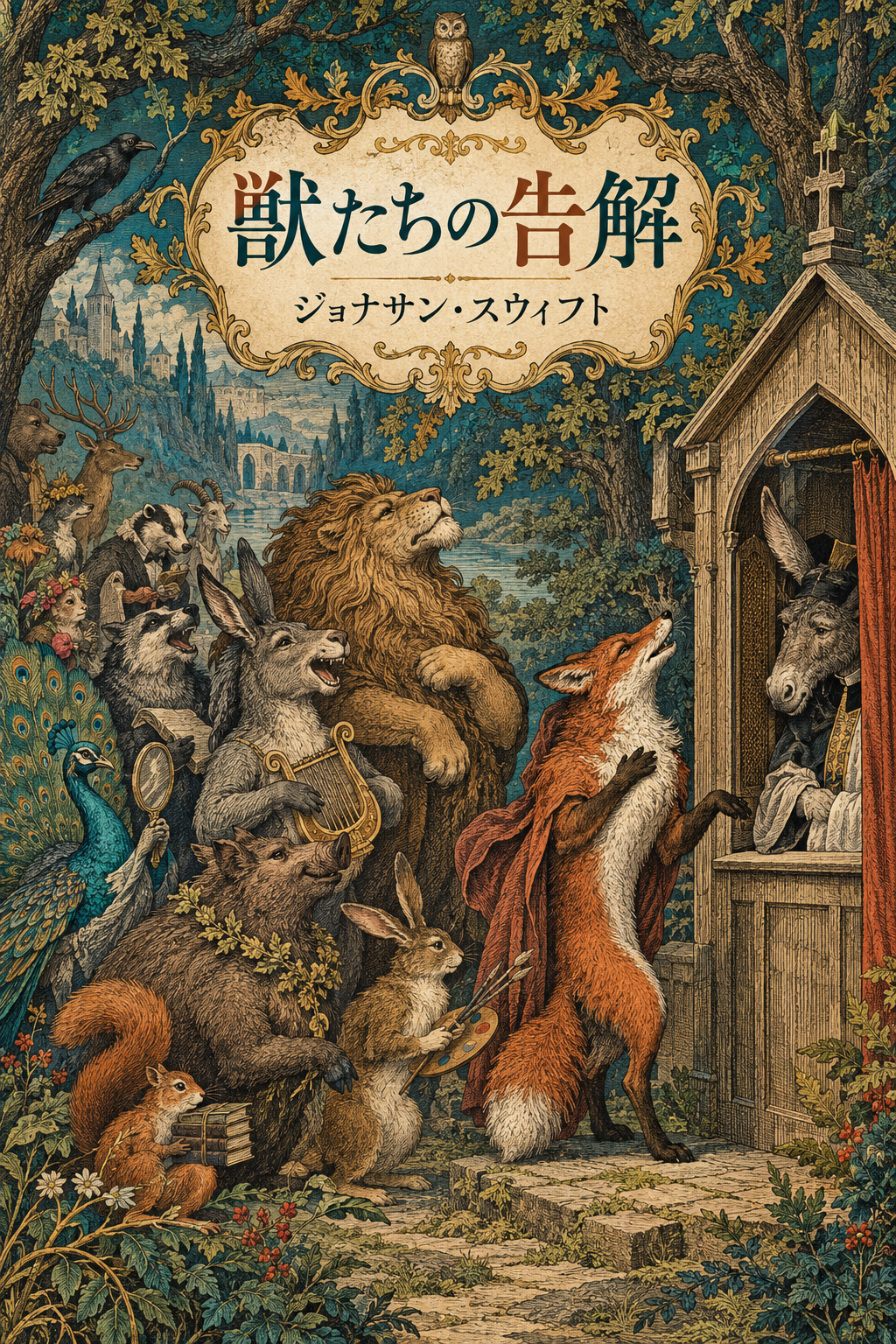 『獣たちの告解』の装画。告解に集まる動物たち。