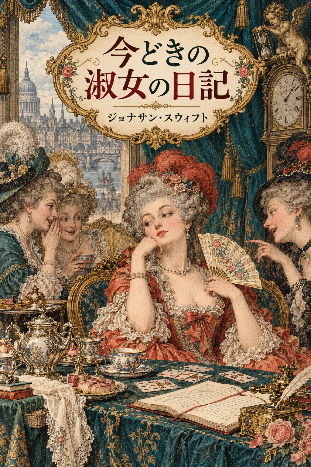 『今どきの淑女の日記』の装画。カード卓を囲んで談笑する淑女たち。