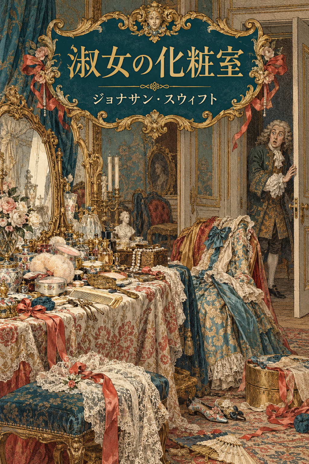 『淑女の化粧室』の装画。化粧道具が散らばる部屋と戸口の訪問者。