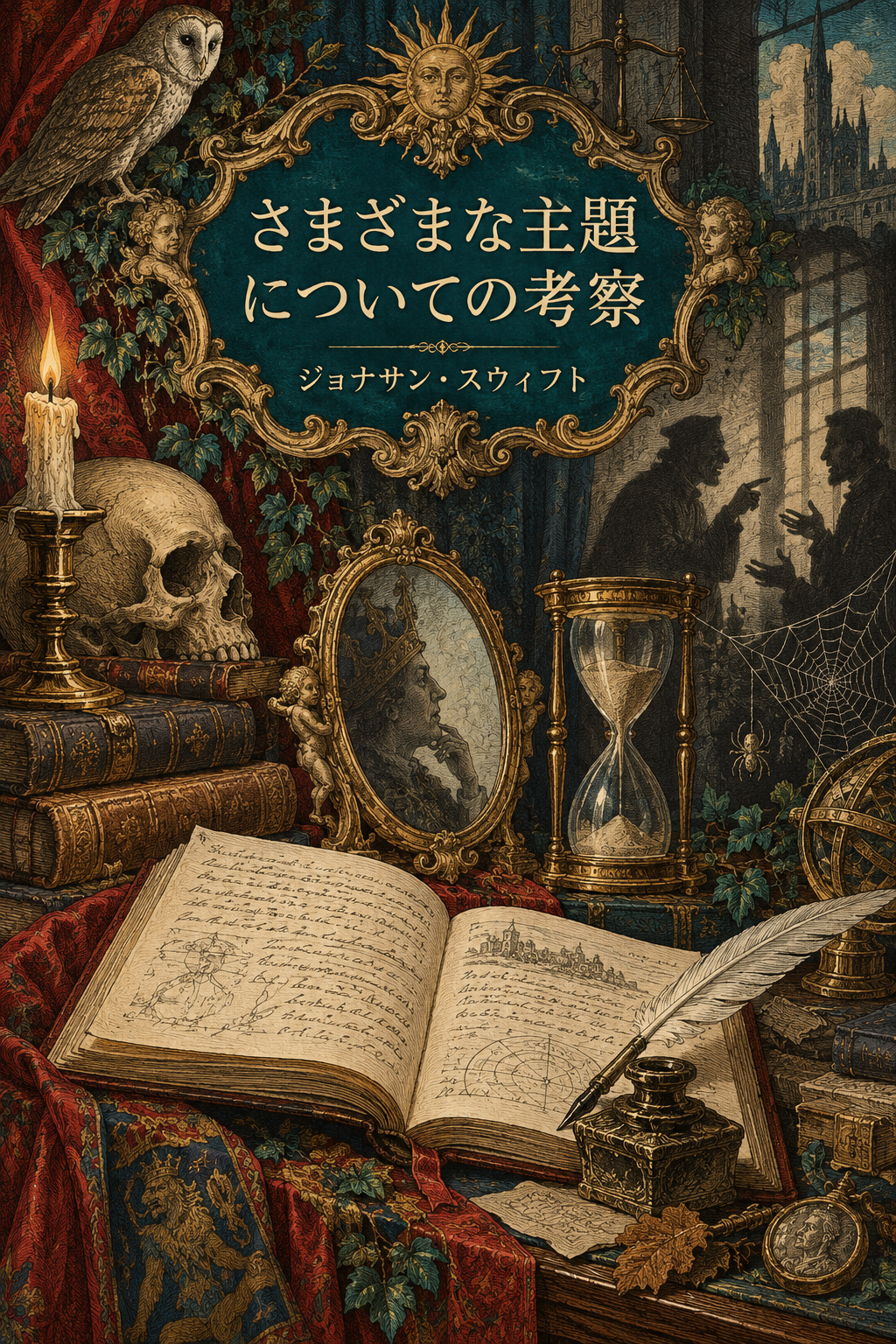 『さまざまな主題についての考察』の装画。書斎の手帳、鏡、砂時計と寓意の細部。