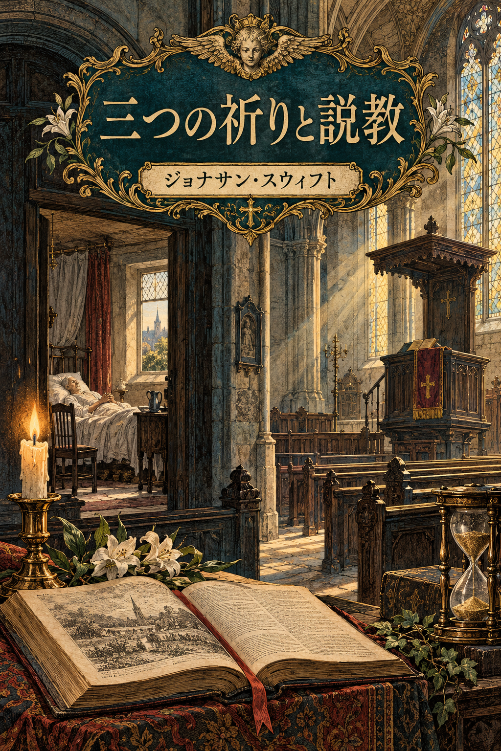 『三つの祈りと説教』の装画。教会と祈りの書、病床の灯火。
