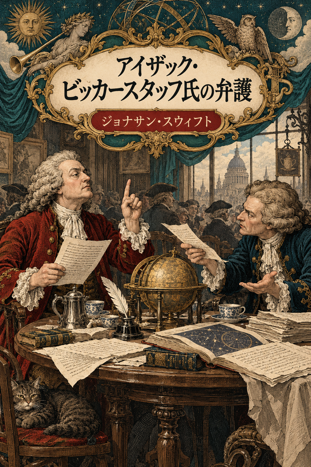 『アイザック・ビッカースタッフ氏の弁護』の装画。書類を挟んで論争する二人の論者。