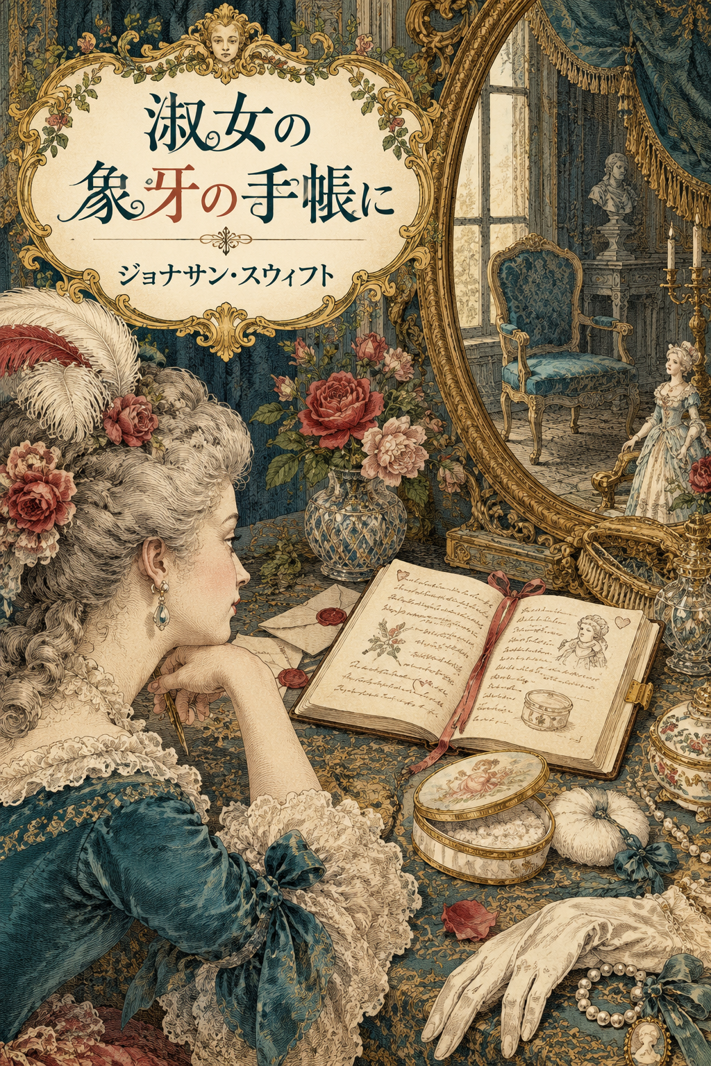 『淑女の象牙の手帳に』の装画。鏡台で手帳を開く淑女。