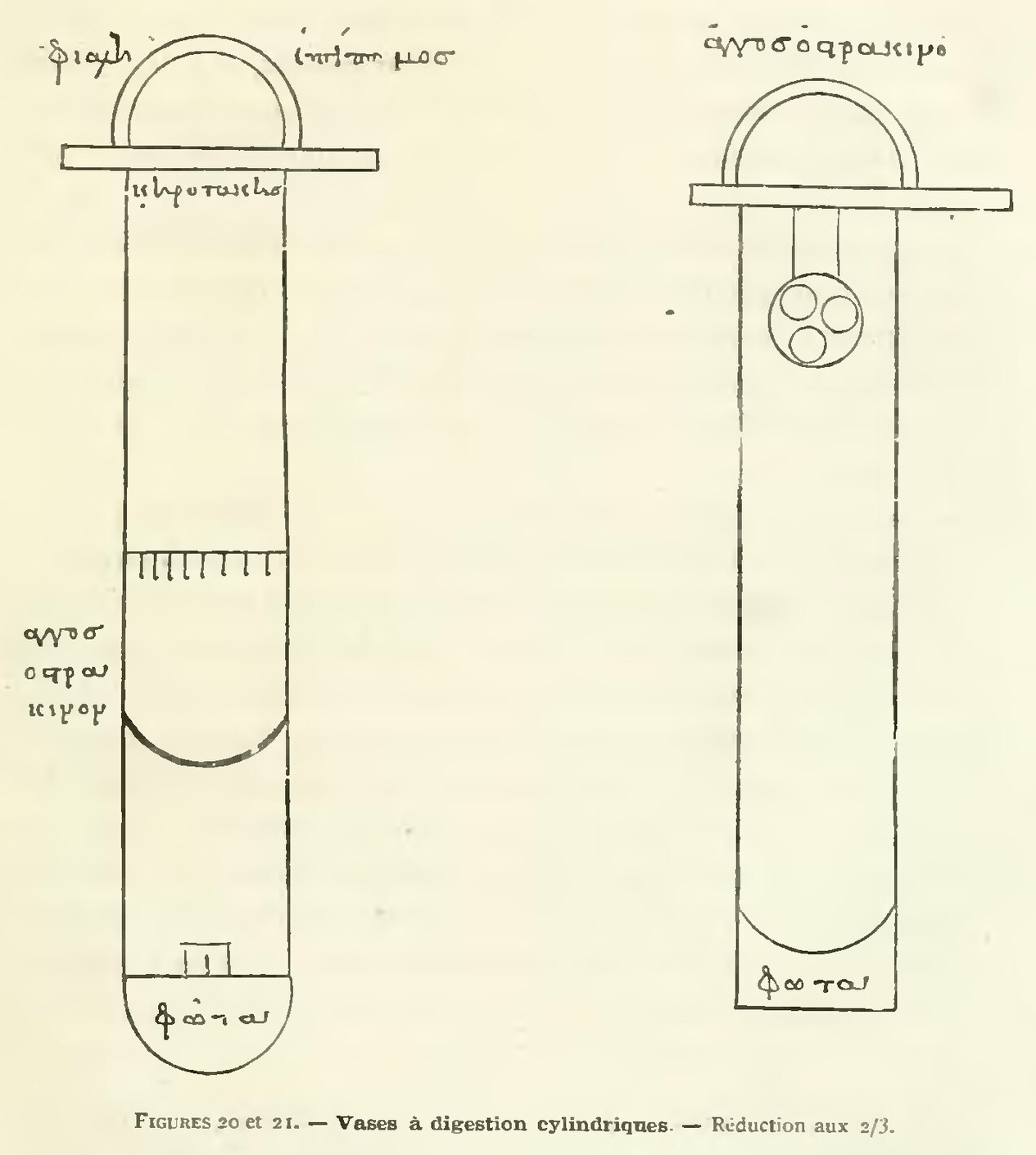 図20と図21。細長い円筒形の容器を左右に並べ、蓋、底部、内部の区画を描いている。各容器の周囲にギリシア語の書き込みがある。
