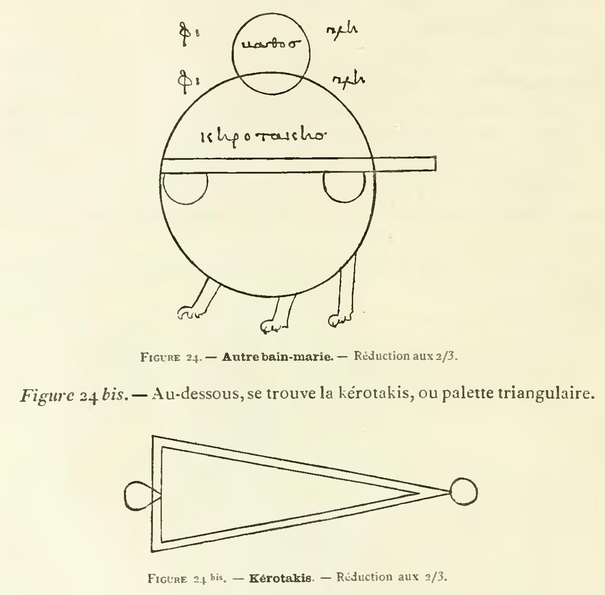 図24と図24bis。上に三本の脚をもつ丸い湯煎器、下に両端が丸い三角形の板を描く。二つの図の間にフランス語の説明がある。